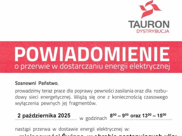 Powiadomienie o planowej przerwie w dostarczaniu energii elektrycznej w Świnnej
