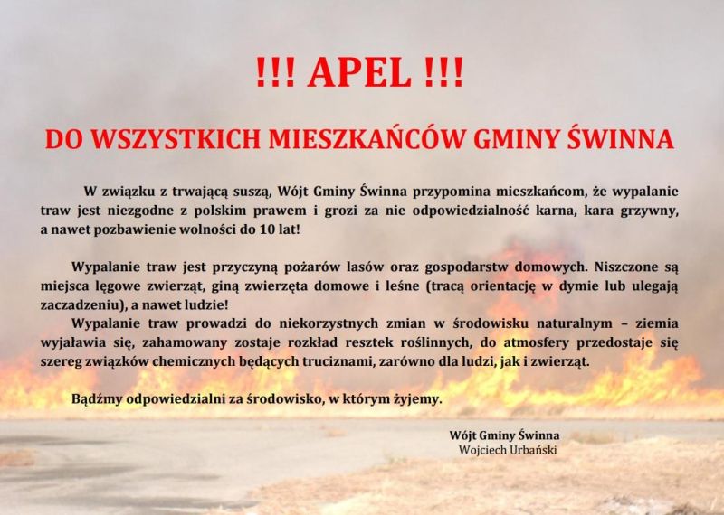 !!! APEL !!! DO WSZYSTKICH MIESZKAŃCÓW GMINY ŚWINNA