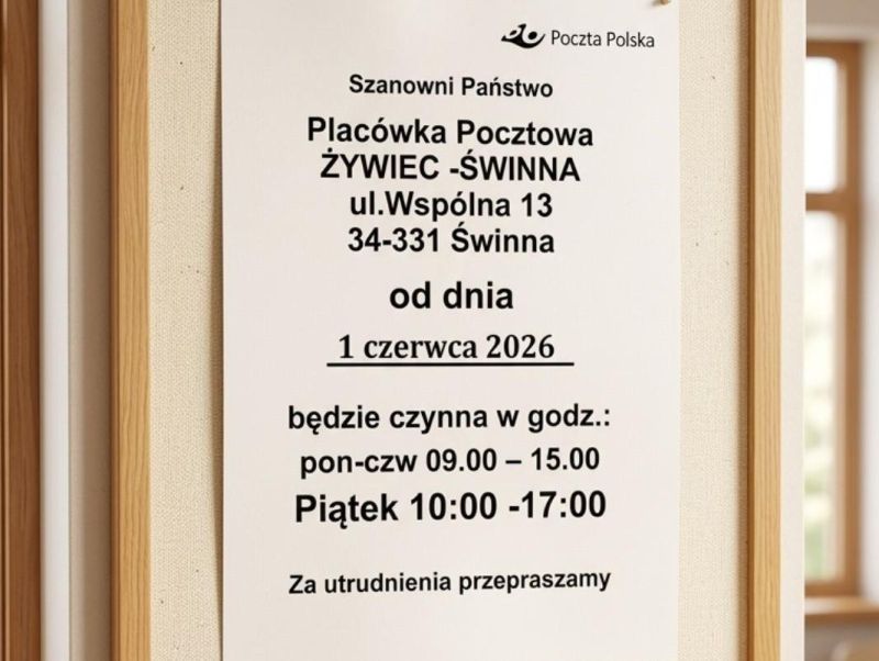 Uwaga! Zmiana godzin otwarcia placówki pocztowej w Świnnej